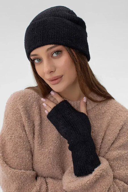 Теплый комплект шапка и митенки черного цвета - #4038916