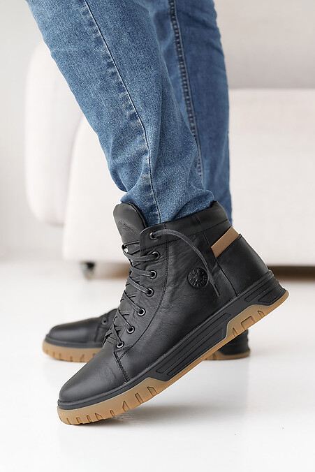 Men's winter leather sneakers black and beige with fur. - #8019929