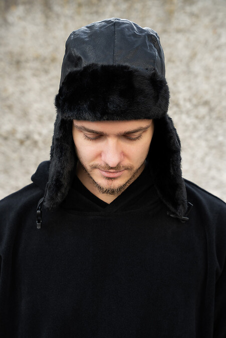 Чоловіча Шкіряна Шапка Вушанка  Galaxy Black - #8055935