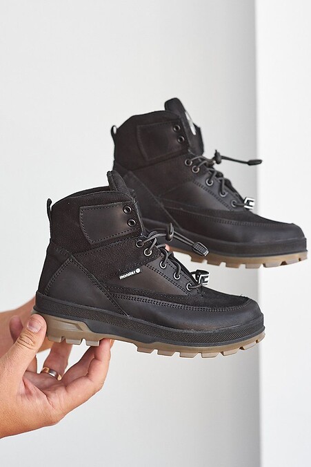 Czarne nastoletnie skórzane buty zimowe. Buty. Kolor: czarny. #8018991