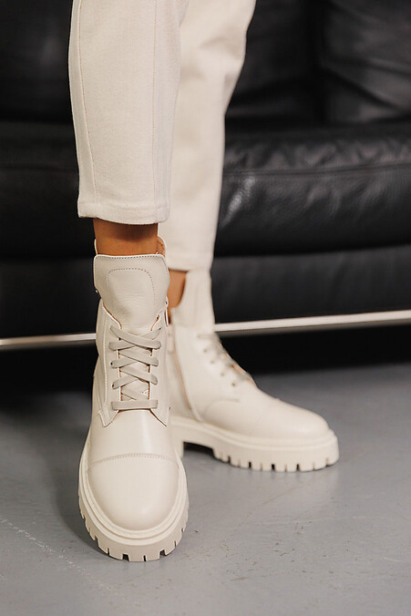 Damskie skórzane buty zimowe mleczne. Buty. Kolor: biały. #8019991