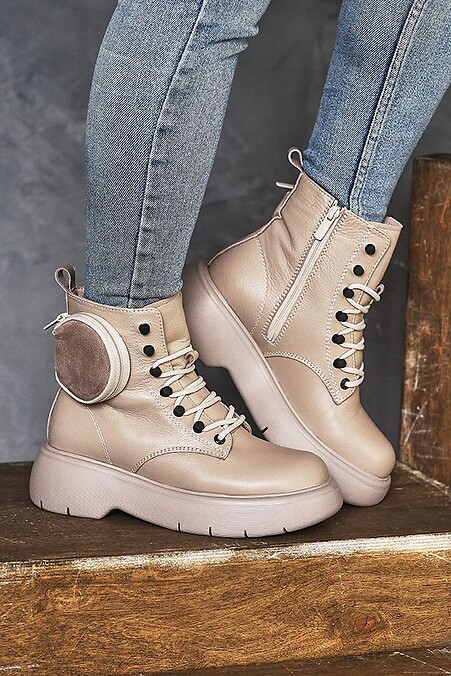 Женские ботинки кожаные зимние бежевые - #8018996