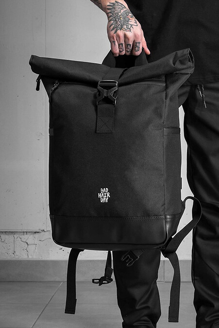 Herren-Schulrucksack Rolltop ohne Druck BadHair Schwarz - #8049996