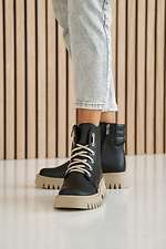 Women's winter leather boots black and beige - #2505103