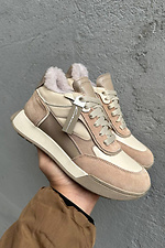 Women's winter leather sneakers with fur, milky. - #2505205