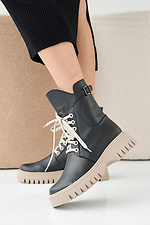 Women's winter black-beige leather boots - #2505378