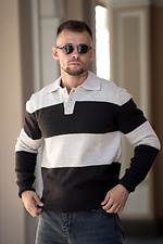 Męski sweter polo w paski Sweter polo beżowo-brązowy - #8034593