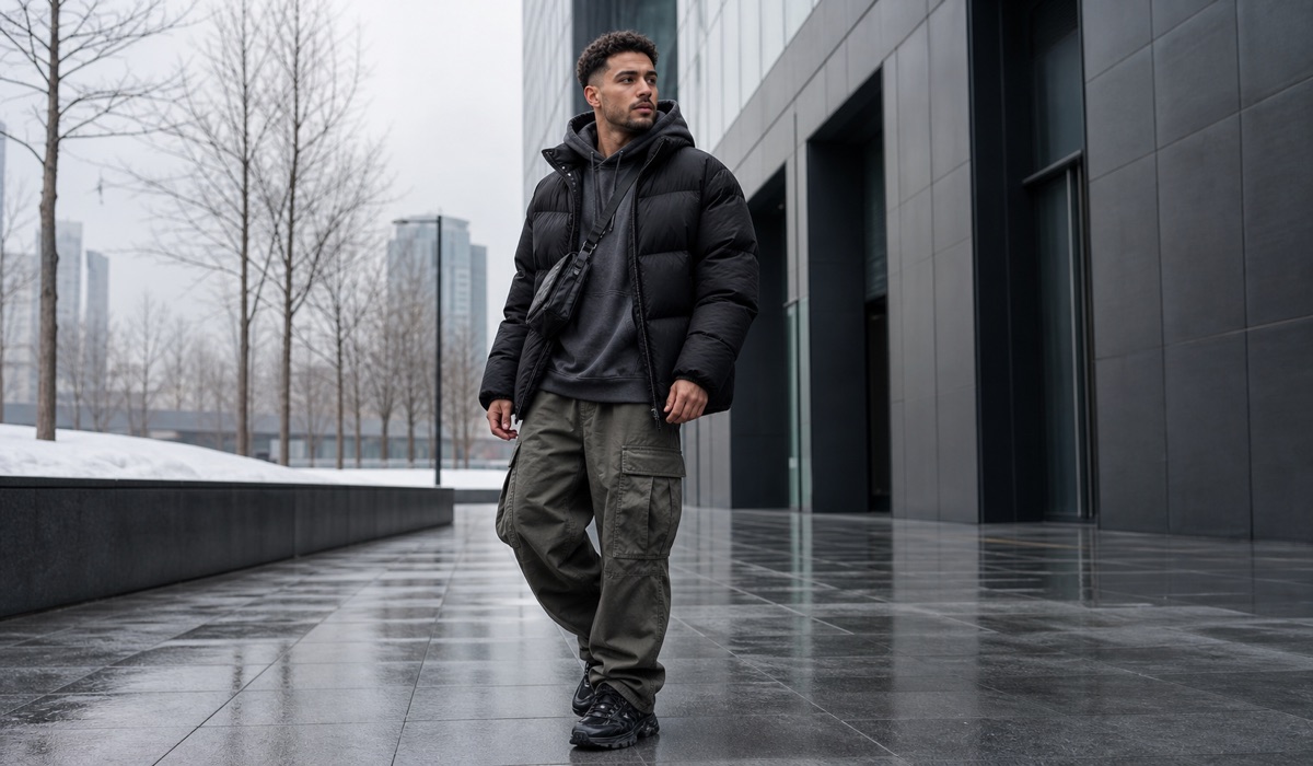Winter streetwear look with an oversized puffer jacket, hoodie, and cargo