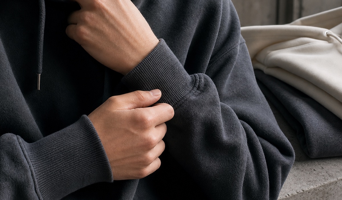 Nahaufnahme des dicken Baumwollfleece und der Bündchen des Hoodies