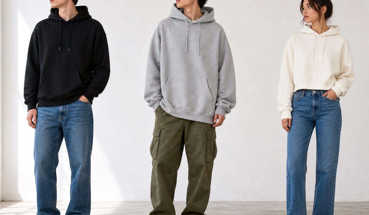 Drei junge Erwachsene zeigen verschiedene Hoodie-Passformen im urbanen Umfeld