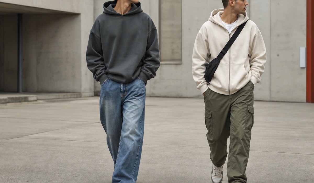 Junge Erwachsene im urbanen Streetwear-Look mit einem Oversize-Hoodie