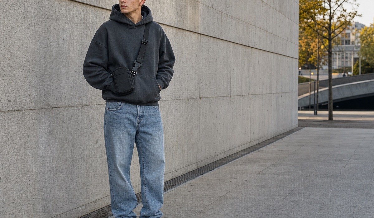 Urbaner Look mit einem graphitfarbenen Hoodie, einer weiten Jeans und Sneakers