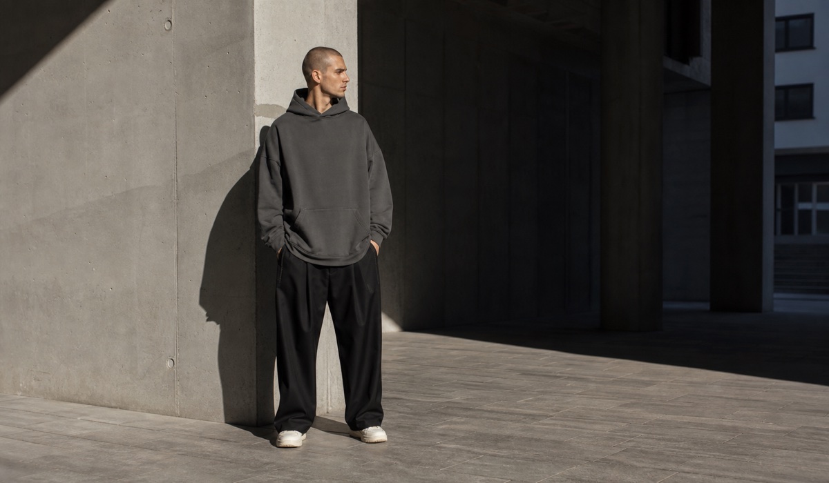 Міський streetwear-образ у графітовому худі та чорних штанах