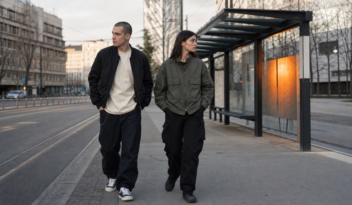 Два дорослих моделі у багатошарових міських streetwear-образах