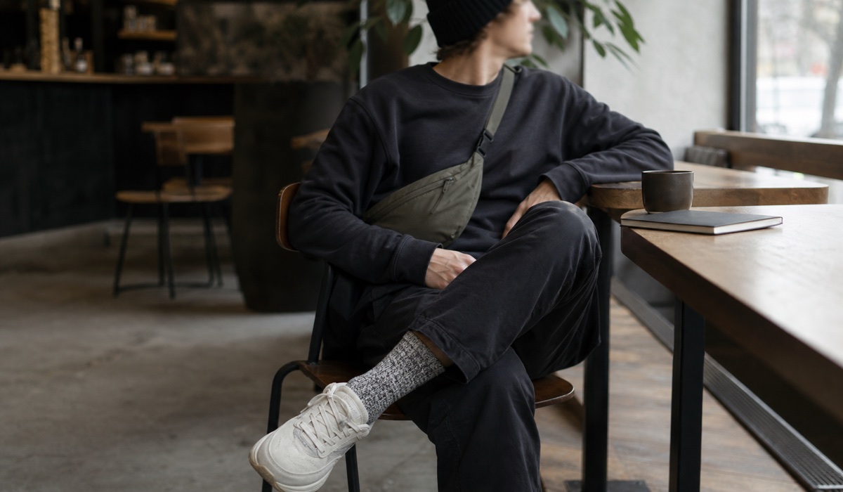 Деталі streetwear-луку: кросівки, біні та сумка через плече