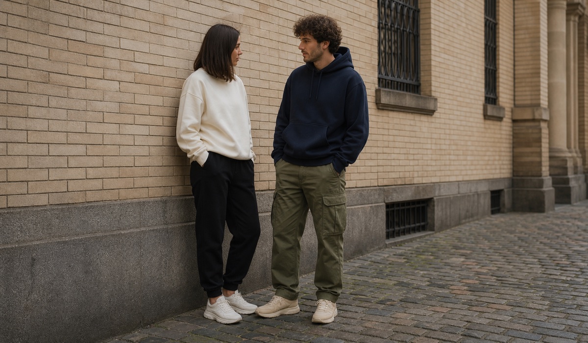 Два дорослих моделі в стриманих українських streetwear-образах біля цегляної стіни