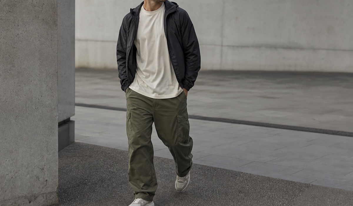 Весенний streetwear-образ с лёгкой ветровкой, футболкой, карго и кроссовками