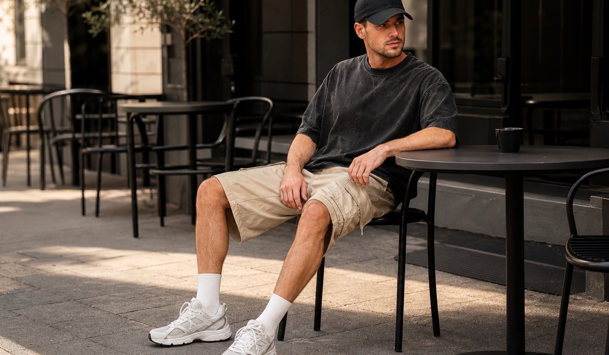 Летний streetwear-образ со свободной футболкой, карго-шортами и кроссовками