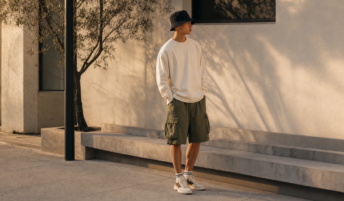 Schwarzer Fischerhut im Sommerlook mit einem cremefarbenen Langarmshirt und Cargoshorts