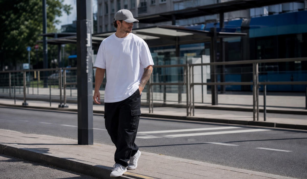 Sommerlicher Streetwear-Look mit einer leichten Kappe und schwarzen Cargohüten