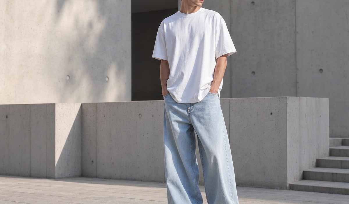 Weißes Oversize-T-Shirt mit hellen, weit geschnittenen Jeans für einen sommerlichen Urban-Look