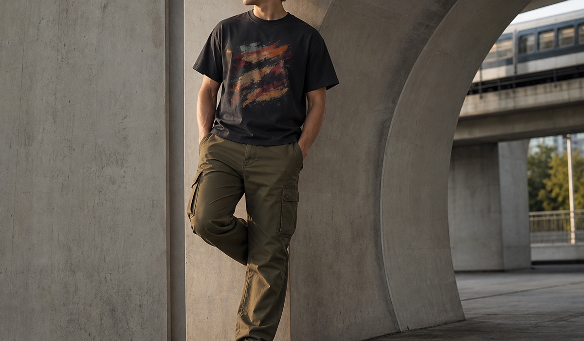 Dunkles T-Shirt mit abstrakter Grafik und olivgrüne Cargohose im Streetwear-Look