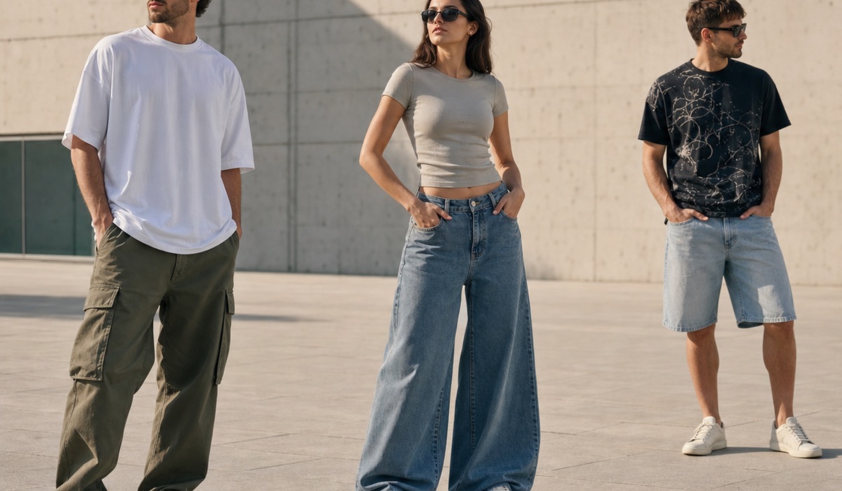 Drei sommerliche Streetwear-Looks mit T-Shirts, Tops, Cargohosen, Jeans und Shorts