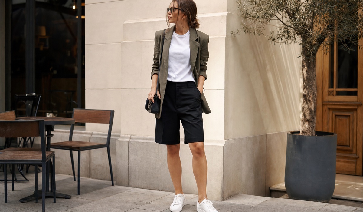 Schwarze Bermudashorts mit einem weißen T-Shirt und einem olivgrünen Blazer für einen urbanen Look