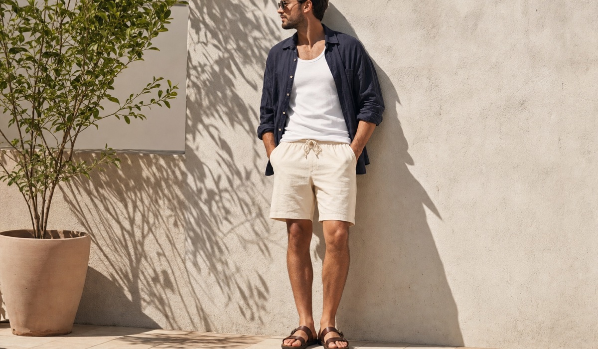 Cremefarbene Baumwollshorts mit einem dunklen T-Shirt und einem hellblauen Hemd für warmes Wetter