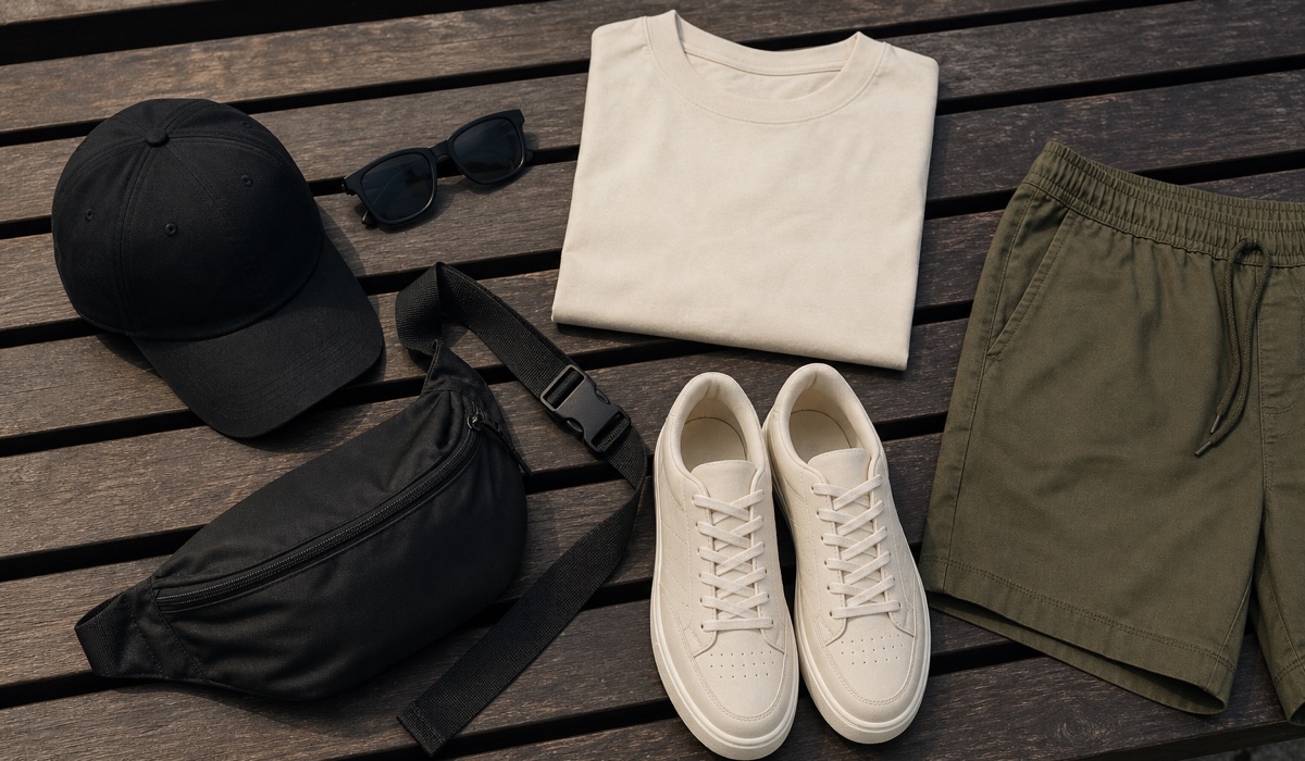 Cap, Sonnenbrille, Bauchtasche und Sneaker für einen sommerlichen Streetwear-Look