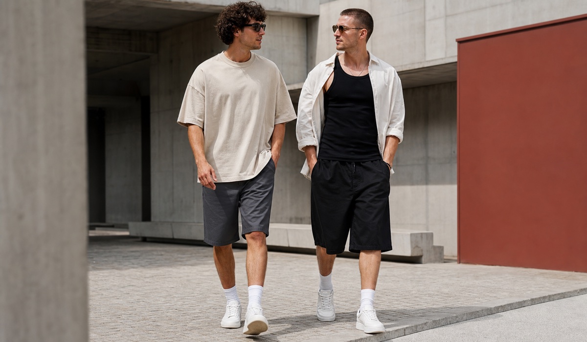 Sommerlicher Streetwear-Look mit Bermudas und Sneakers in einem Stadthof