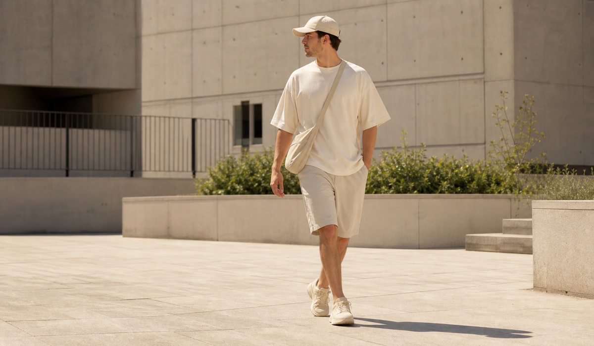 Sommerlicher Streetwear-Look in hellen Farben für die Stadt