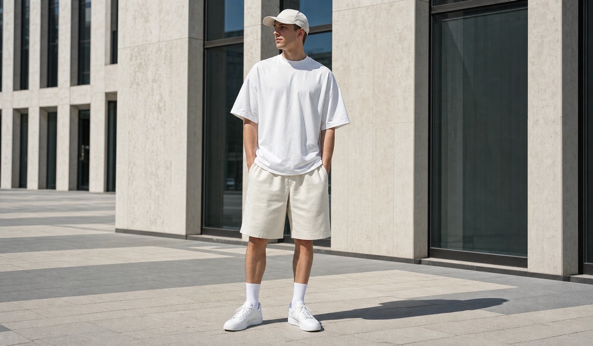Komplett weißer Streetwear-Look mit weißem T-Shirt und Off-White-Shorts