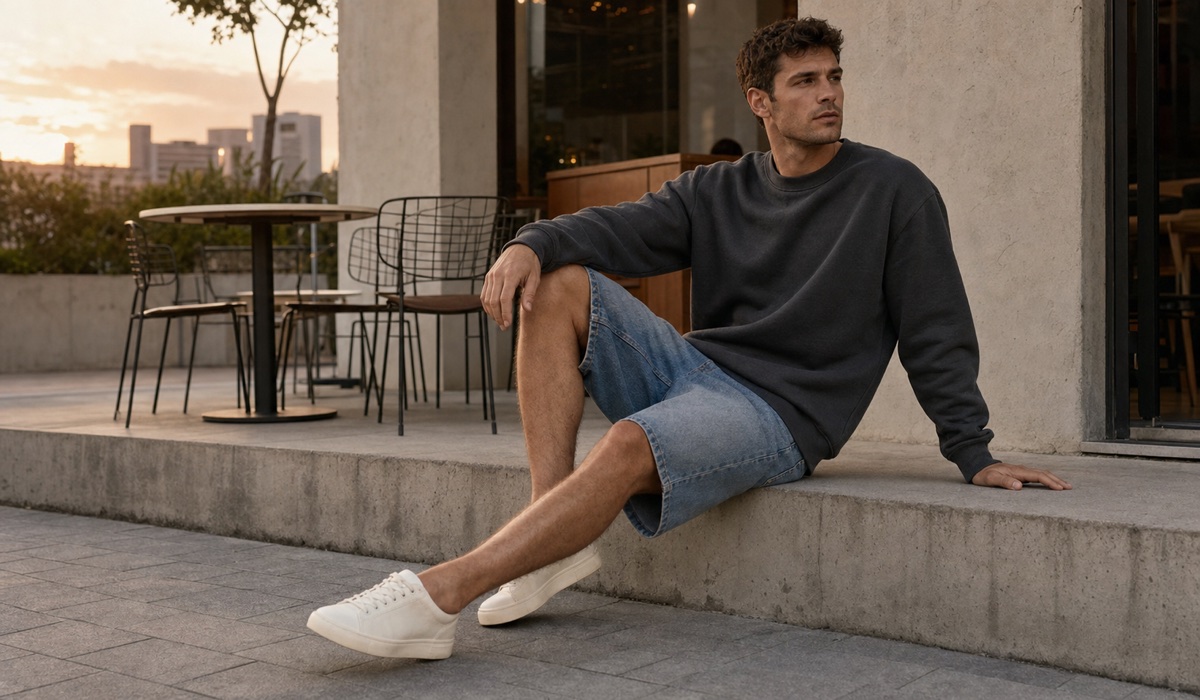 Graphitfarbenes Sweatshirt und Jeansshorts für einen Abendspaziergang