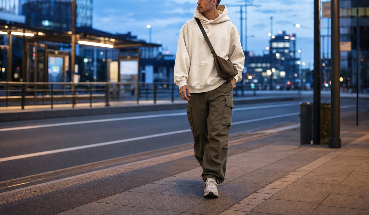 Cremefarbener Oversize-Hoodie mit olivgrüner Cargohose in der Abendstadt