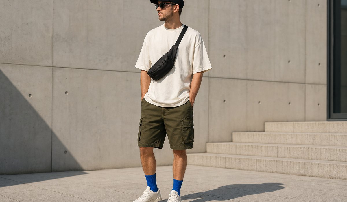 Sommerlicher Streetwear-Look mit einer Schultertasche und farbenfrohen Socken
