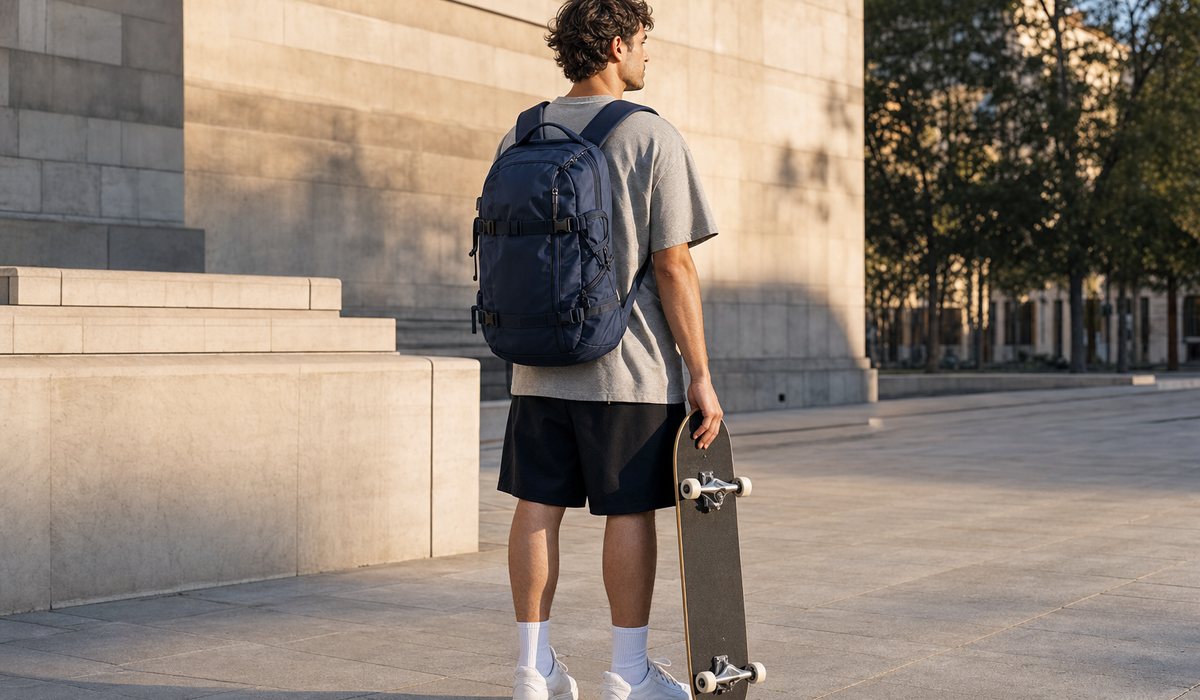 Urbaner Sommer-Streetwear-Look mit einem Funktionsrucksack