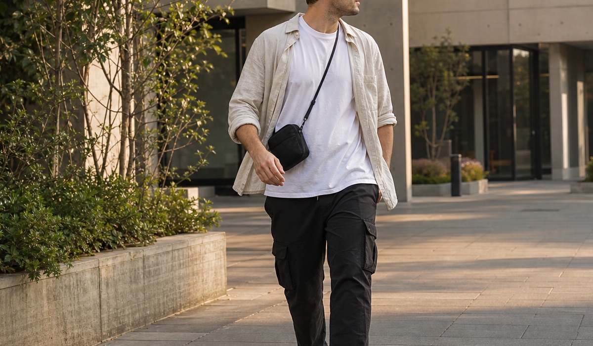 Erwachsener Reisender in Streetwear mit Cargotasche und hellem Oberteil in der Stadt