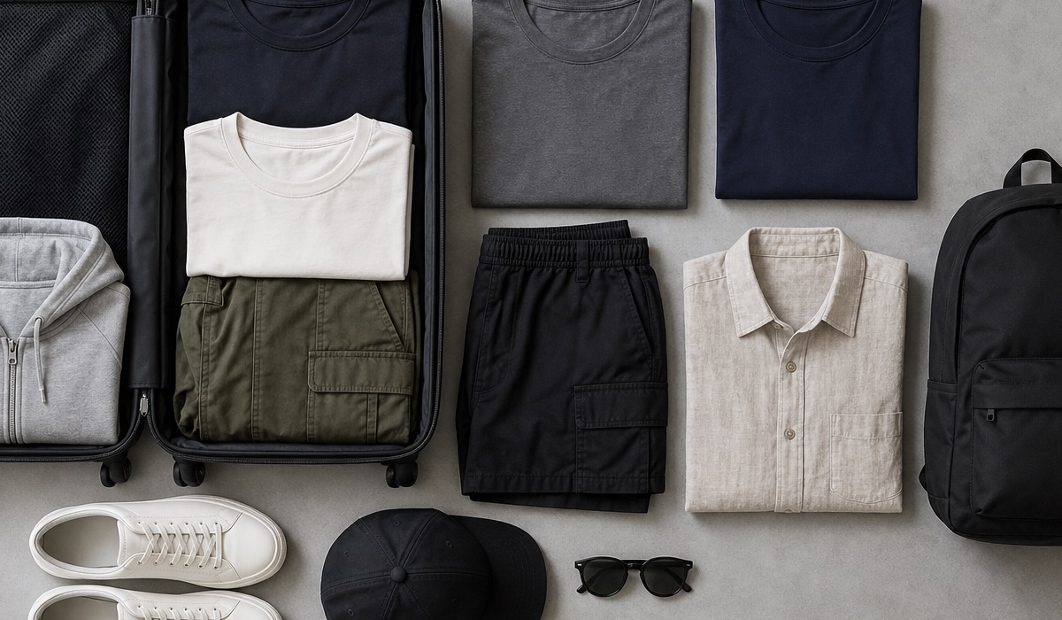 Sommerliche Streetwear-Capsule mit T-Shirts, Cargoschuhen, Sneakers und Rucksack
