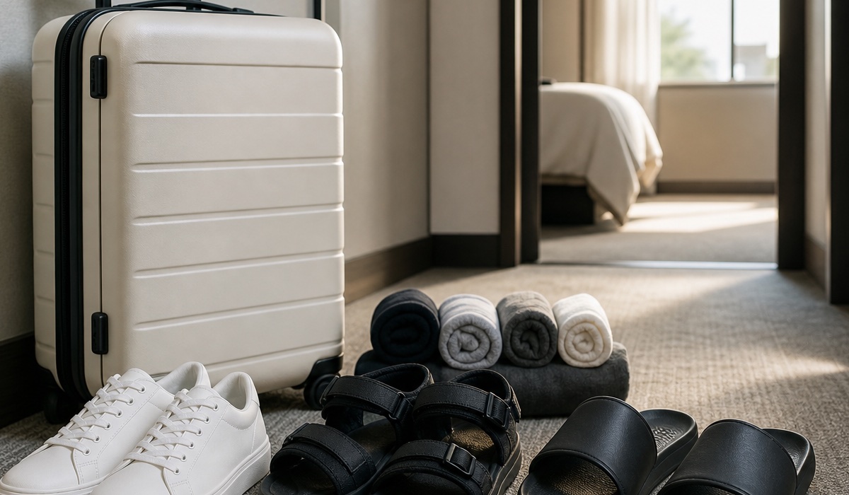 Sneakers, Sandalen und ein gepackter Handgepäckkoffer für die Sommerreise