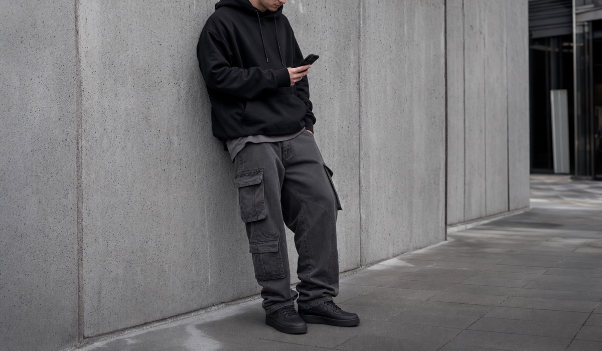Ein erwachsener Mann in einem schwarzen Hoodie und einer Cargotasche wählt Kleidung auf seinem Smartphone aus