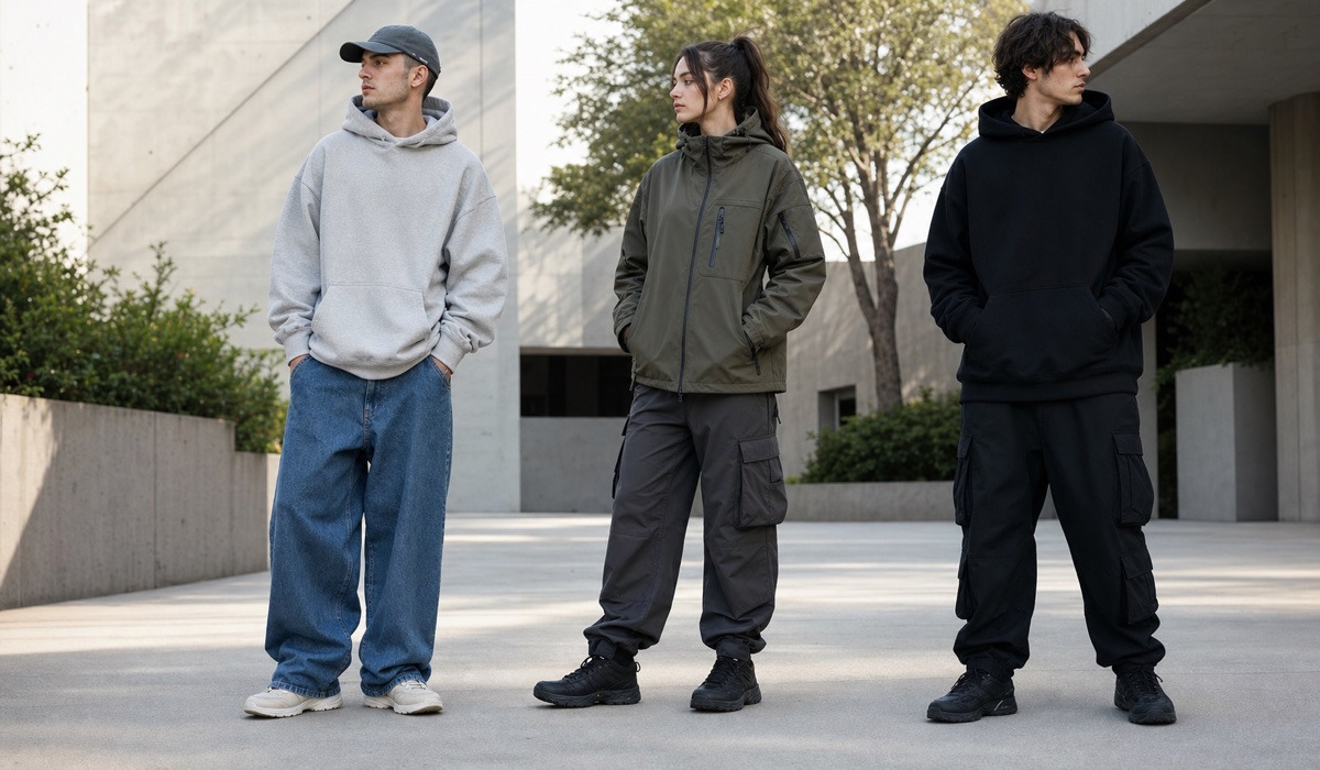 Drei erwachsene Models in Streetwear-, Techwear- und All-Black-Looks