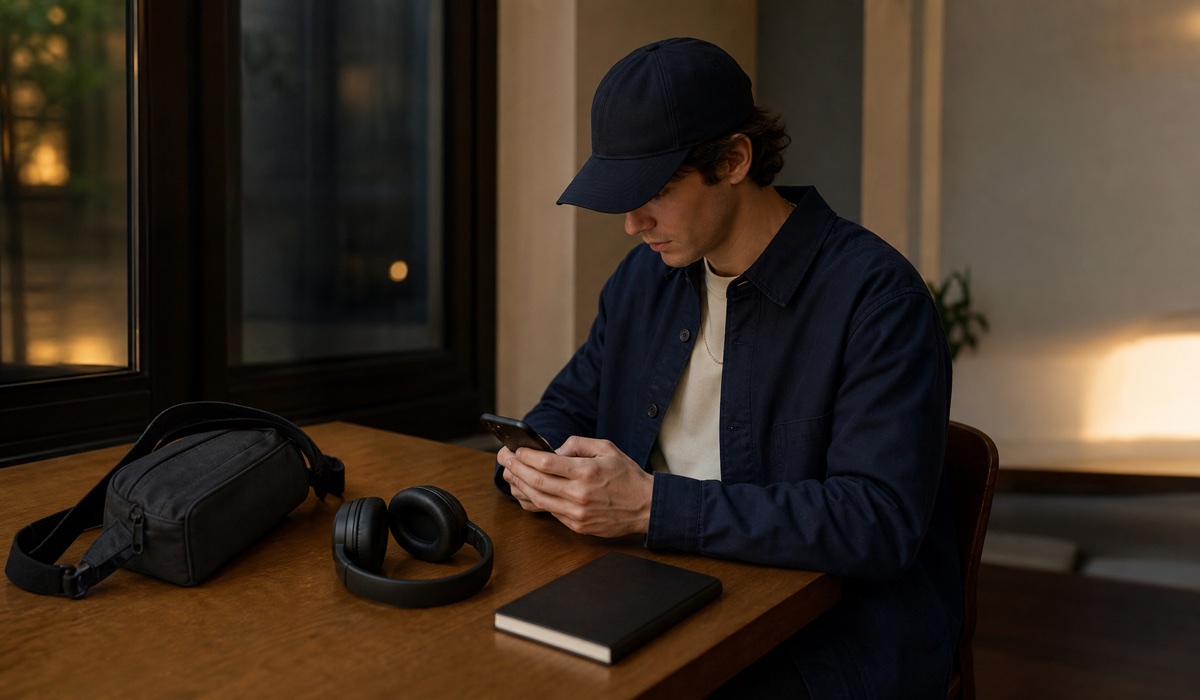 Ein erwachsener Mann plant in einem Café auf seinem Smartphone eine Wunschliste mit Streetwear-Artikeln
