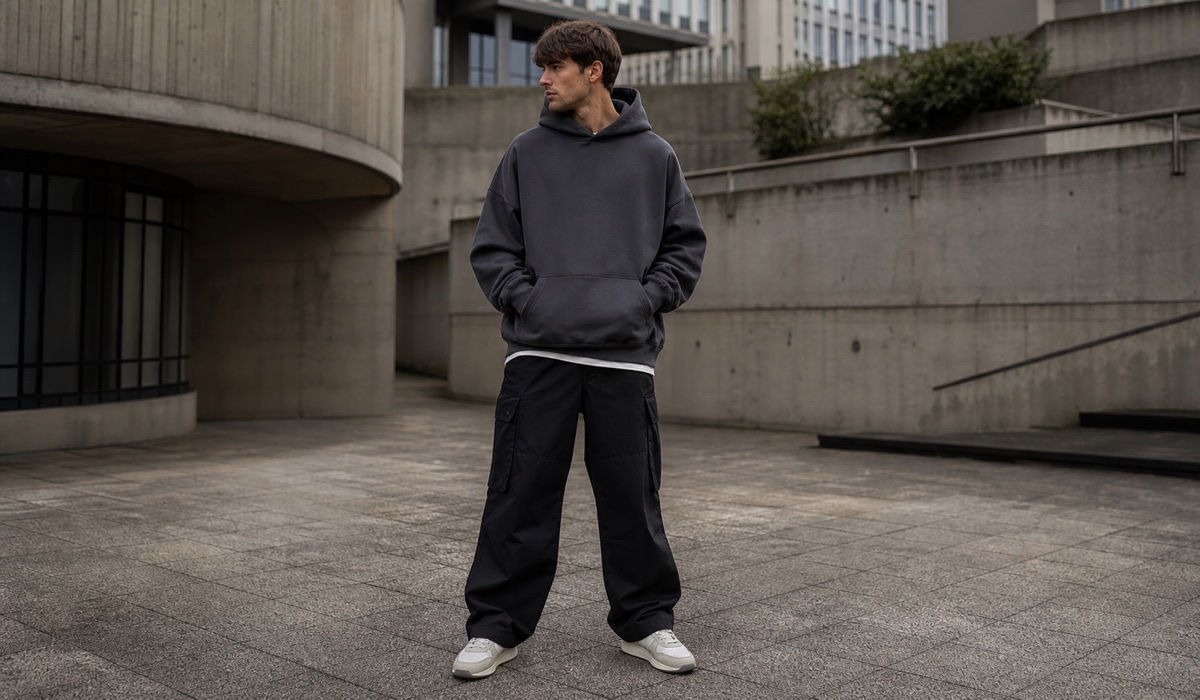 Checking the fit of a graphite oversized hoodie on an adult model