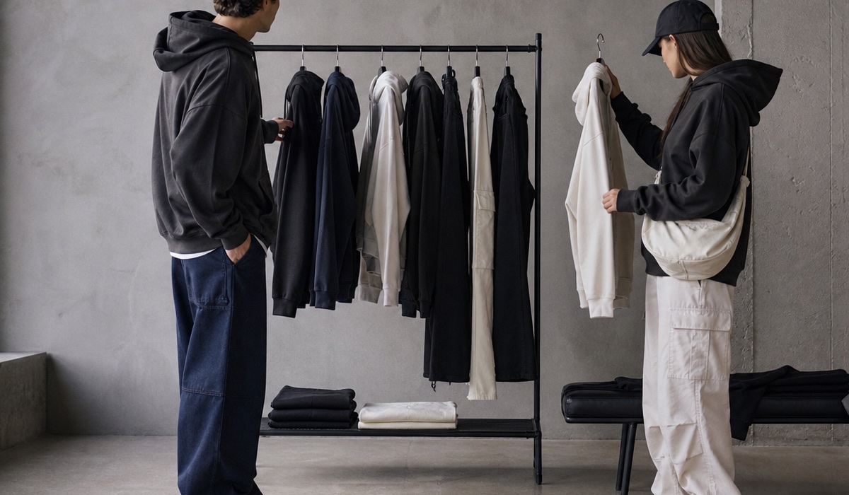 Ein Erwachsener wählt in einem Showroom einen Hoodie, ein T-Shirt und eine Cargohose aus