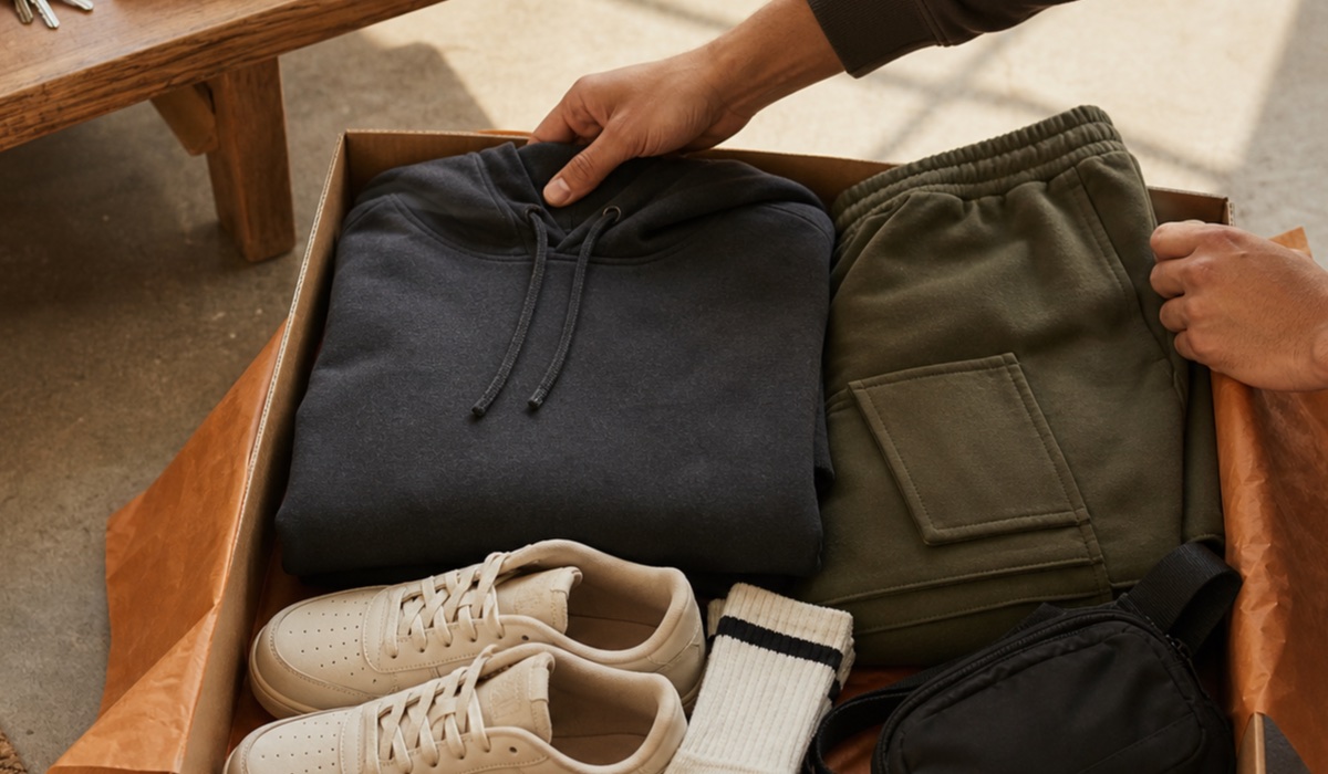 Ein Paket mit Streetwear-Teilen ohne Logo für einen kompletten Look