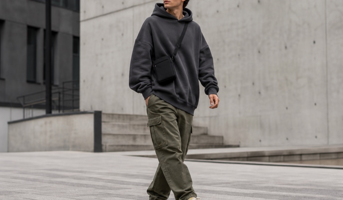 Erwachsener im Hoodie und Cargotasche im urbanen Streetwear-Look