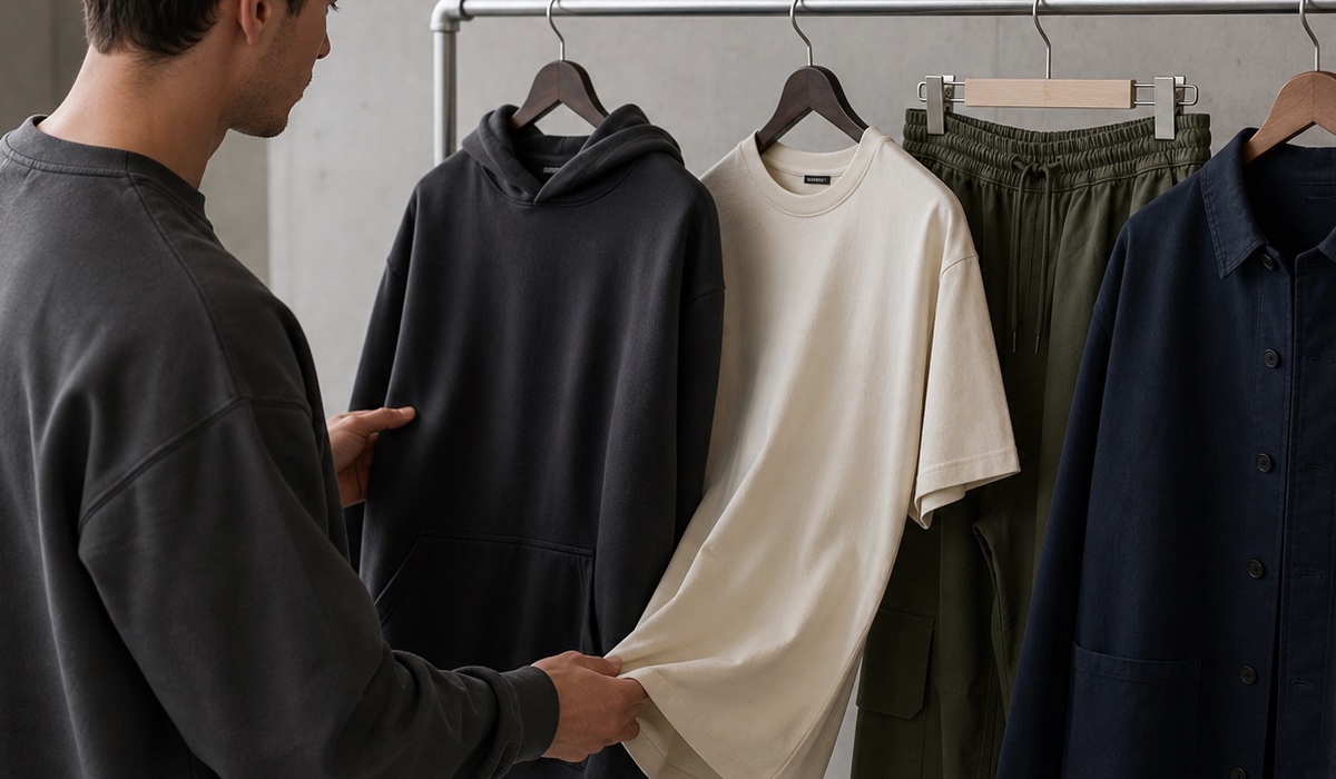 Details eines kompletten Streetwear-Looks mit Jeans, Sneakers, Tasche und Cap