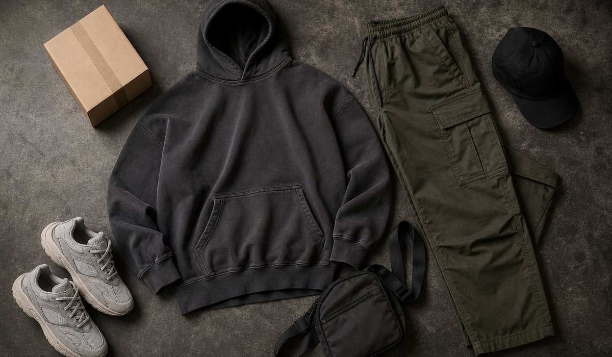 Streetwear-лук из худи, карго, кроссовок и сумки