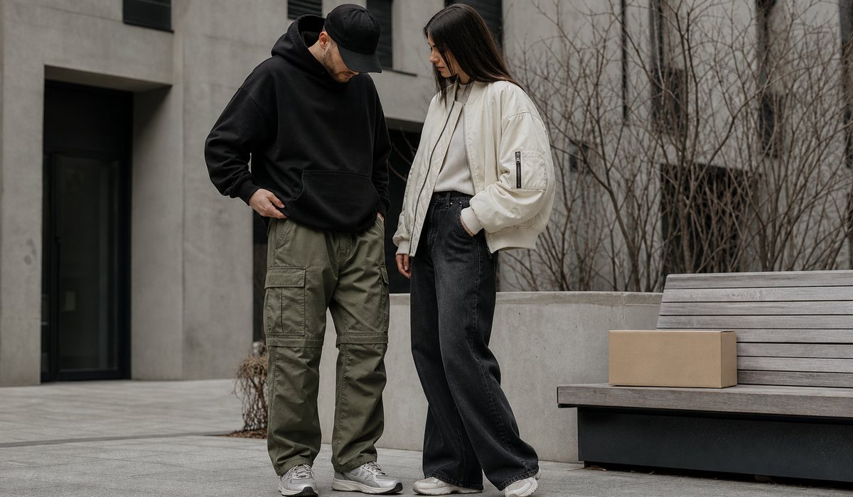 Streetwear-образ из нескольких вещей рядом с одной посылкой